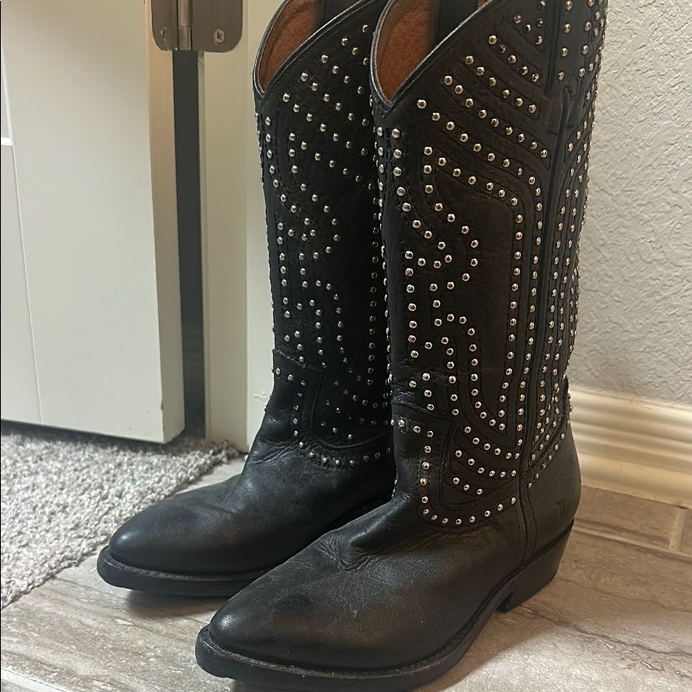 Frye Black Studded Cowboy Boots